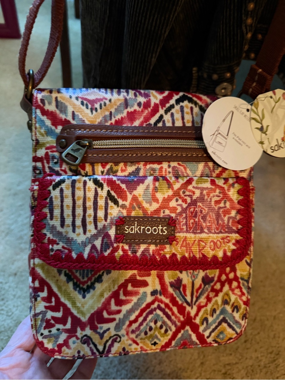 Sakroots Red Multi Boho Crossbody Bag with Brown Trim
